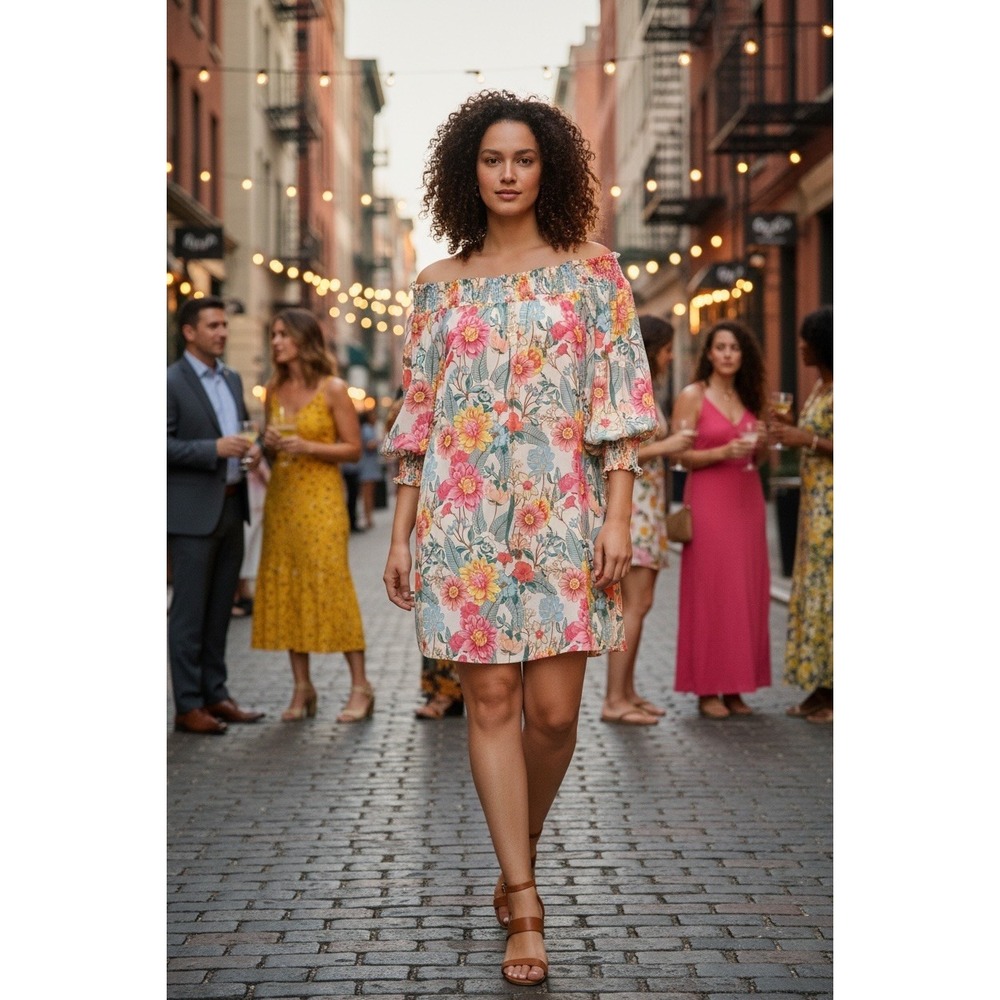 UMGEE Floral Off-Shoulder Flowy Mini Shift Dress 2X Garden Party Wedding Guest